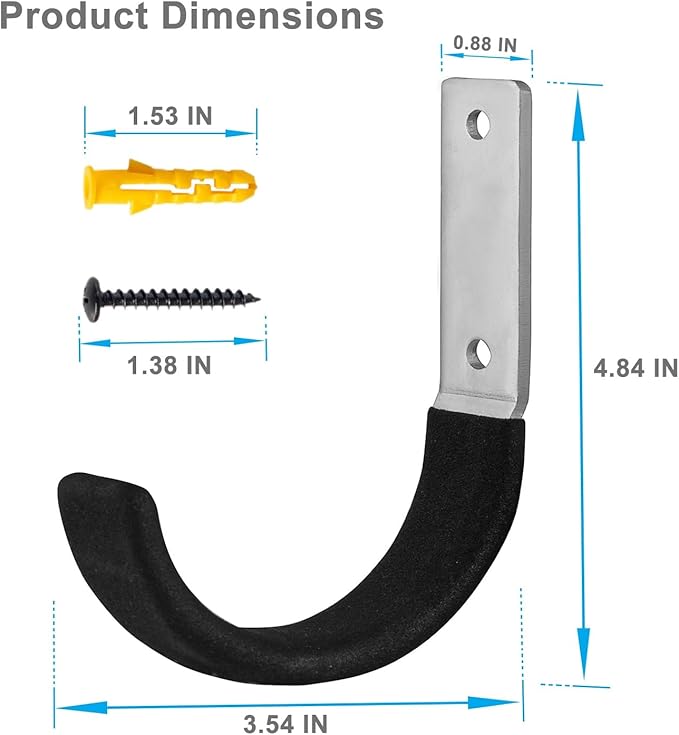 6 Pcs Garage Storage Utility Hook, Upgraded Ladder Hangers, Shed J-Hooks, Heavy Duty Ladder Tool Holders for Garage Wall, Black Wall Hooks for Hanging Tools, Bikes, Hose, Shovels, Rakes