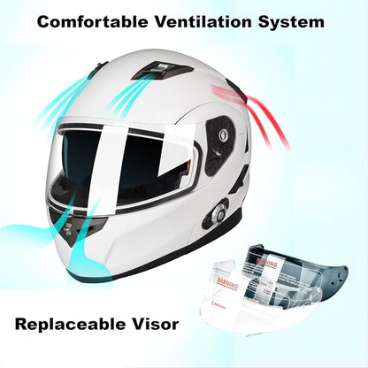 FreedConn BM2-S Bluetooth Motorcycle Helmet, Flip-Up Modular Motorbike Helmet, 500M Connectivity for 2-3 Riders, Voice Dial, Hands-Free Call, MP3, FM, DOT Certified (Medium, White)