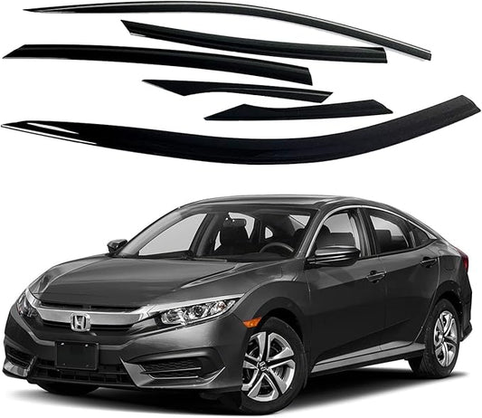 AUTOCLOVER Tape-On Rain Guards Window Visors 6 Pcs Set for Honda Civic Sedan 4dr 2016 2017 2018 2019 2020 2021 / Window Deflectors, Out-Channel Vent Shades (Smoked)