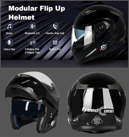 FreedConn BM2-S Bluetooth Motorcycle Helmet, Flip-Up Modular Motorbike Helmet, 500M Connectivity for 2-3 Riders, Voice Dial, Hands-Free Call, MP3, FM, DOT Certified ( X-Large, Gloss Black)