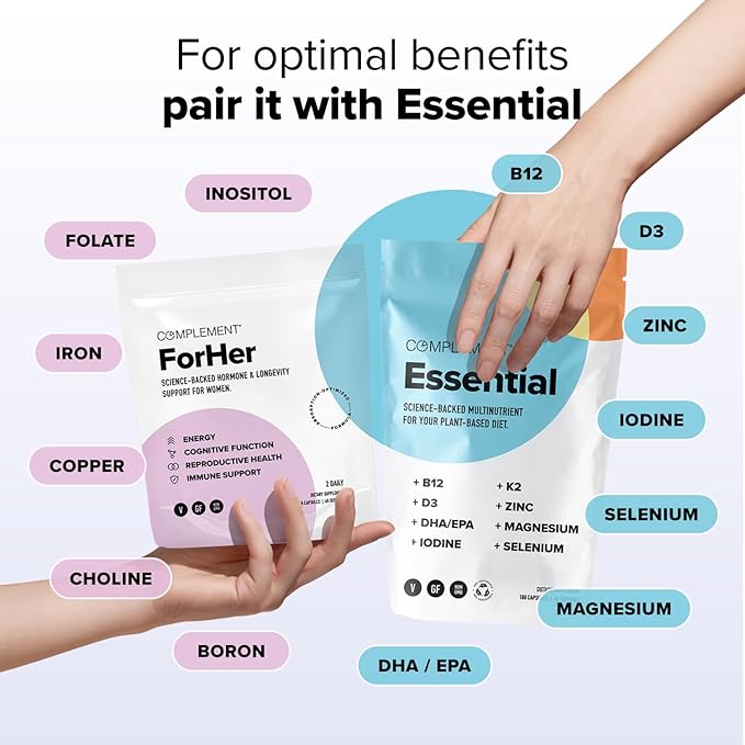 Complement ForHer & Essential Vegan Multivitamin Bundle – 30-Day Women’s Wellness Support with Omega 3, B12, D3, Iron, Folate & More – Energy, Immunity & Hormonal Balance