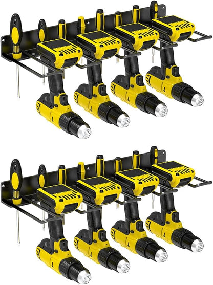 Drill Holder Wall Mount, Power Tool Organizer, Heavy Duty Metal Tool Storage with 8 Drill Racks for Garage Workshop Shed Pegboard Basement, 2 Pcs