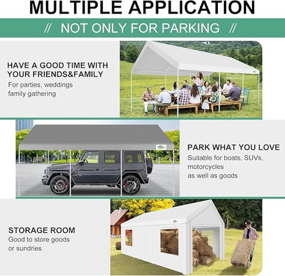 COBIZI Carport 12x20ft Heavy Duty Portable Garage, 2.0 Powder Coated Frame(Better Than Galvanized), Waterproof Shelter with Built-in Sandbags, for Car/Boat/SUV, White