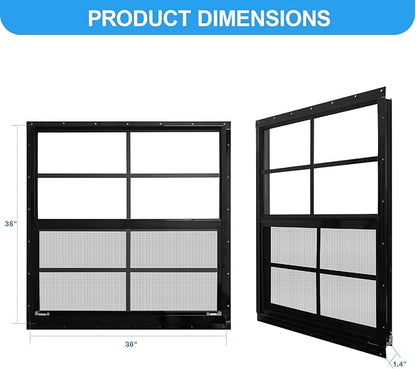 NeatiEase Upgraded Shed Windows 2 Pack, 36" x 36" Windows with Tempered Glass and Stainless Steel Screen for Shed, Chicken Coop, Playhouse, Household, Garage(Black)