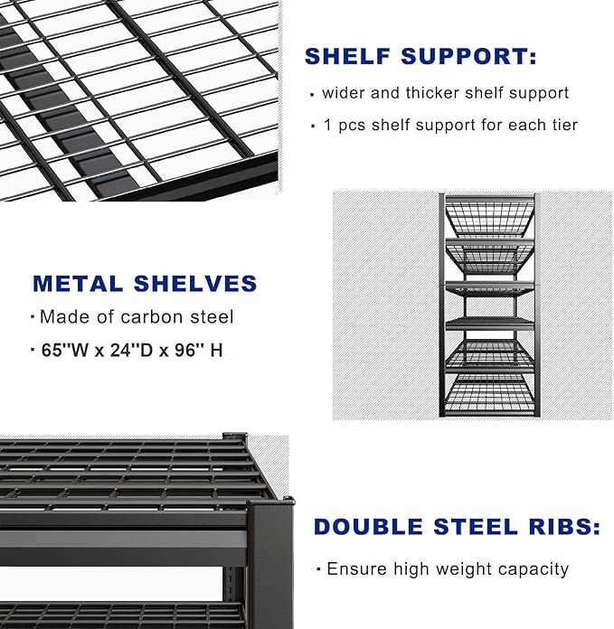 7 Tier Garage Shelving Heavy Duty,65" W Garage Shelves, 65" W x 96" H x 24" D Adjustable Storage Shelving Unit, Commercial Metal Shelves for Warehouse, Basement