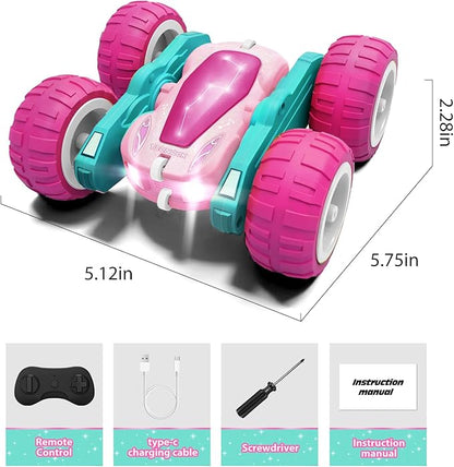 Tecnock Pink Remote Control Car for Girls and Boys, 2.4GHz RC Cars with USB-C Easy Charging, 4WD Double Sided 360° Rotates and Flips RC Stunt Car, Toys Gift for Kids