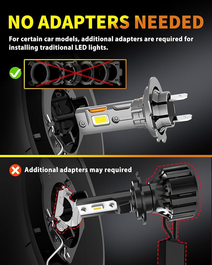 Upgraded H7 H7LL Light Bulbs, 60,000LM Insane Brightness, Real 1:1 Halogen Mini Size H7 Fog Lights, 6500K White with Ultra-Bright LED Chips, Plug and Play, Pack of 2