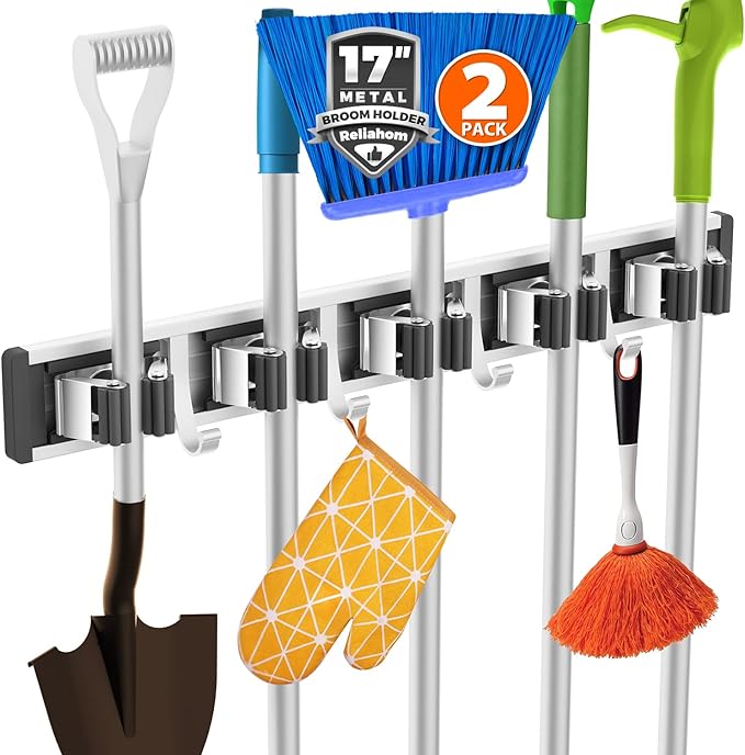 2 Pack Broom Holder Wall Mount Mop and Broom Hanger Wall Mounted Garage Storage Rack Kitchen Garden Tool Organizer (5 Racks with 4 Hooks, Black)