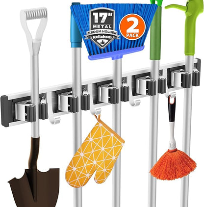 2 Pack Broom Holder Wall Mount Mop and Broom Hanger Wall Mounted Garage Storage Rack Kitchen Garden Tool Organizer (5 Racks with 4 Hooks, Black)