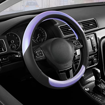 Road Comforts Steering Wheel Cover – Breathable Leather Steering Wheel Cover, Anti-Slip Grip, Universal Fit 14.5” to 15”, Heat & Cold Resistant for Cars, SUVs, and Trucks – Black & Purple