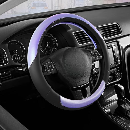 Road Comforts Steering Wheel Cover – Breathable Leather Steering Wheel Cover, Anti-Slip Grip, Universal Fit 14.5” to 15”, Heat & Cold Resistant for Cars, SUVs, and Trucks – Black & Purple