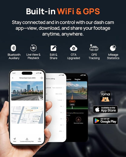 70mai A810 4K Dash Cam Front and Rear, Dual Dash Camera for Cars with Starvis 2 HDR Night Vision, 4G LTE Support, ADAS, Built in GPS & WiFi, 24/7 Parking Mode, AI Motion Detection, Time-Lapse