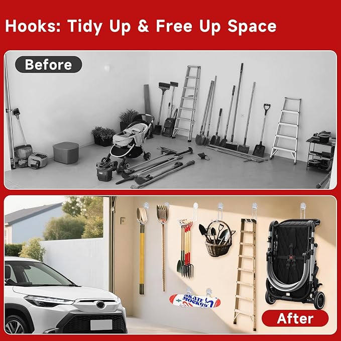 Garage Hooks White 4 Pack,68-110LB Heavy Duty Steel Storage Utility Hooks with PVC Anti-Slip Coating,Wall Mount Hooks for Hanging Garden and Power Tools,Bike,Ladder,Hose