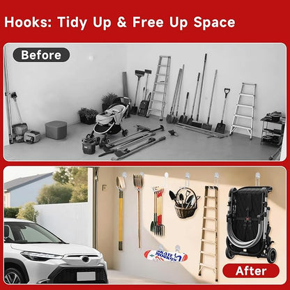 Garage Hooks White 4 Pack,68-110LB Heavy Duty Steel Storage Utility Hooks with PVC Anti-Slip Coating,Wall Mount Hooks for Hanging Garden and Power Tools,Bike,Ladder,Hose