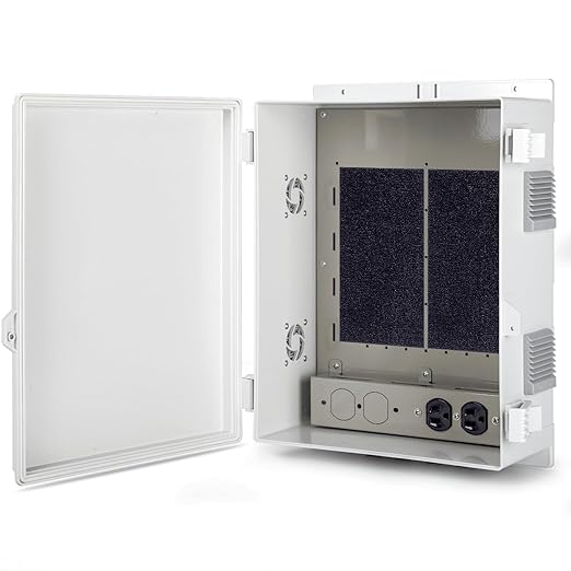 Outdoor Electrical Junction Box with High Power Outlet, 16" H* 12" L* 5.9" W, ABS Water Resistant Enclosure with Internal Mounting Panel & Hinged Cover.