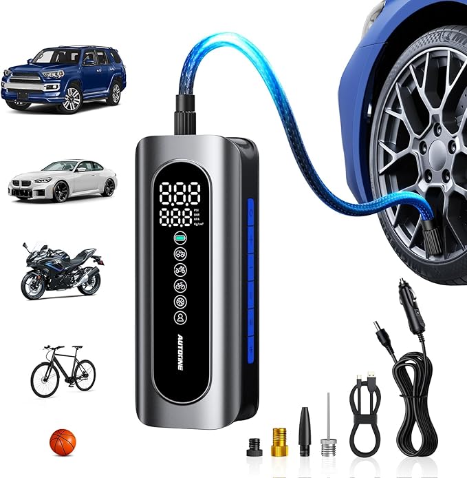 AUTOONE Tire Inflator Portable Air Compressor - 4X Faster 150PSI Cordless Air Pump with Digital Tire Pressure Gauge, 12V Car Power Adapter - For Car, Motorcycle, Bike, Ball and More
