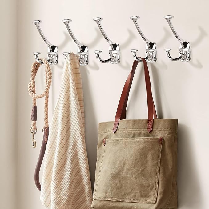 Large Wall Double-Sided Hook 2 Pack Polished Nickel Hook Decorative Heavy Duty Solid Large Coat Hooks for Towel Hanging Coats Robe Towel Bags Door Back 2 Prong Hooks