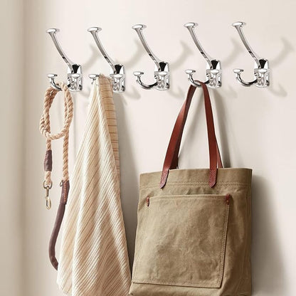 Large Wall Double-Sided Hook 2 Pack Polished Nickel Hook Decorative Heavy Duty Solid Large Coat Hooks for Towel Hanging Coats Robe Towel Bags Door Back 2 Prong Hooks
