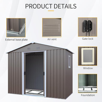 4x8 FT Outdoor Storage Shed, Metal Garden Shed with Frame Floor, Outside Tool Shed with Window, Waterproof Storage Building with Lockable Sliding Doors & Sloped Roof for Backyard, Patio, Warm Gray