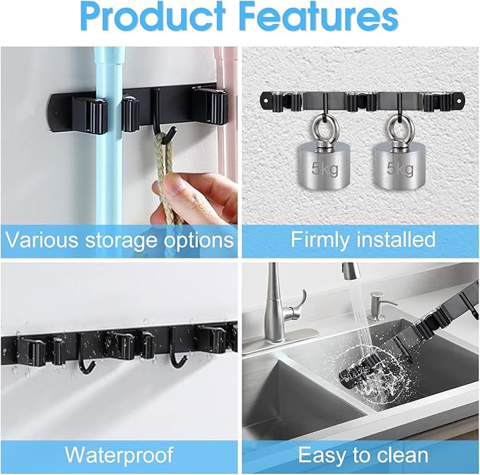 Huryfox Mop and Broom Holder Wall Mounted - Sturdy Stainless Steel Rack with Utility Hooks, 4 Racks, 3 Hooks Adjustable Design and Multiple Storage Organiser Options, Perfect for Kitchen, Laundry