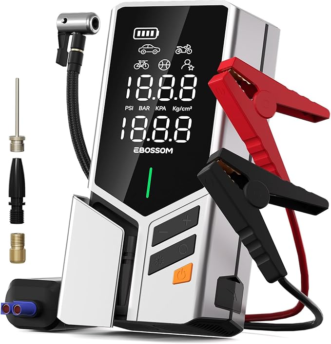 Portable Car Jump Starter with Air Compressor, 150PSI Tire Inflator with 44.4Wh Battery, car Battery Jump Starter for 6.0L Gas, Fast Inflation Pump with Bulite-in Nozzle Storage, LED Light for Car