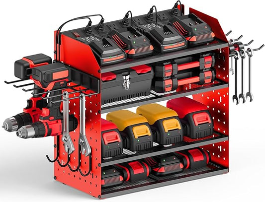 CCCEI Modular Desk Power Tools Organizer with Charging Station, 4 Layer Drills Battery Storage Wall Mount, Garage Shop Organization, Anniversary, Birthday, Gifts for Men, Father, Red, 10FT Cord.