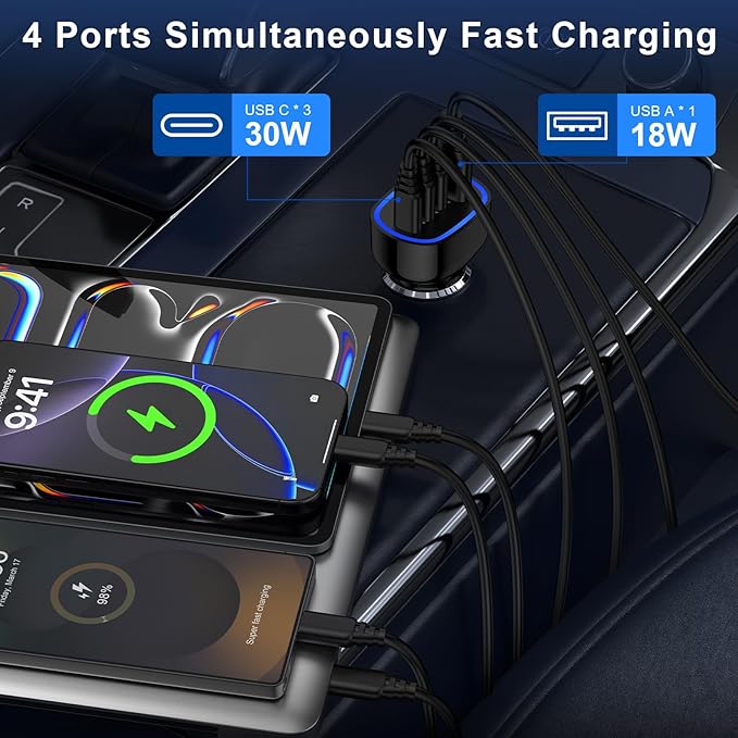 90W 4-Port Super Fast USB C Car Charger for Samsung Galaxy A17/A16/A56/A36/A15/A55/S25/S24/Ultra iPhone 16e/16 Pro Max Pixel 9a 9 Pro Android USB-C & USB-A Car Phone Charger Cigarette Lighter Adapter