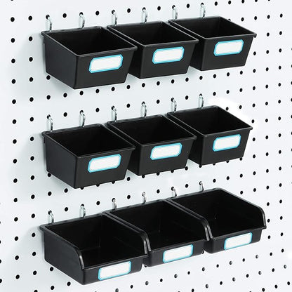 FRIMOONY Pegboard Bins with Hooks and Labels, for Organizing Accessories, 6 Pack Type A and 6 Pack Type B, Black