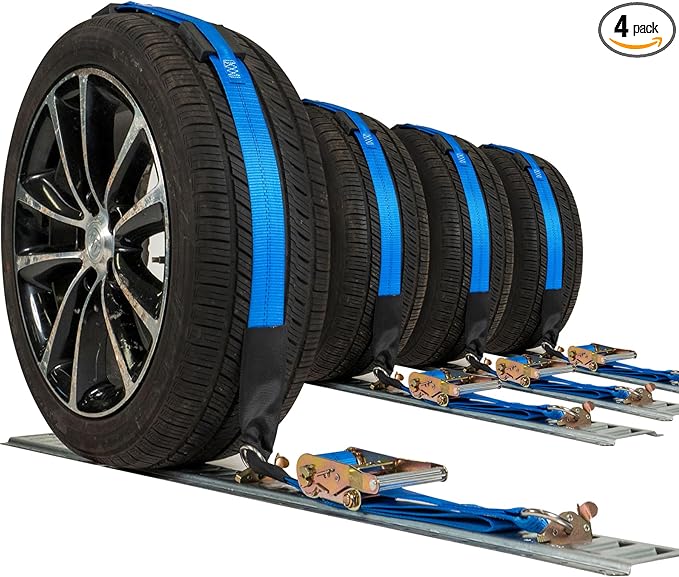 US Cargo Control E Track Wheel Straps with E-Track Fittings & Three Rubber Blocks (4-Pack), 2 Inch x 11 Foot Car Tie Down Straps for Trailers, Fits Tires 14-30 Inches, 12,000 LBS Break Strength