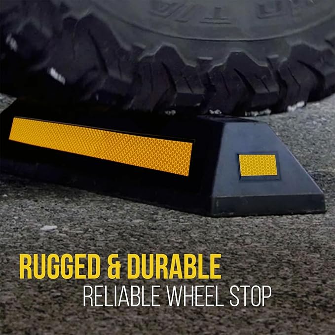 Pyle 2-Pack Heavy Duty Rubber Wheel Stops for Garage Parking – Durable, High-Visibility Tire Blocks for Cars, Trucks, Vans, RVs, Trailers, Forklifts – Reflective Safety Strip Included