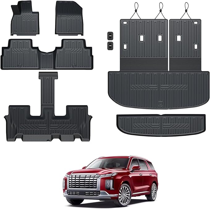 GALVAGNIATE Floor Mats for 2020-2024 2025 Hyundai Palisade 7-seat/8-seat Trunk Mat with Backrest Mat, All Weather TPE Cargo Liner Lower Cargo Mat for Palisade Accessories