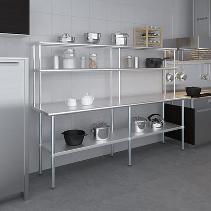 Amgood Stainless Steel Work Table Double Tier Overshelf | Metal Kitchen Prep Table & Shelving Combo (24" x 96" Work Table + 12" Overshelf)
