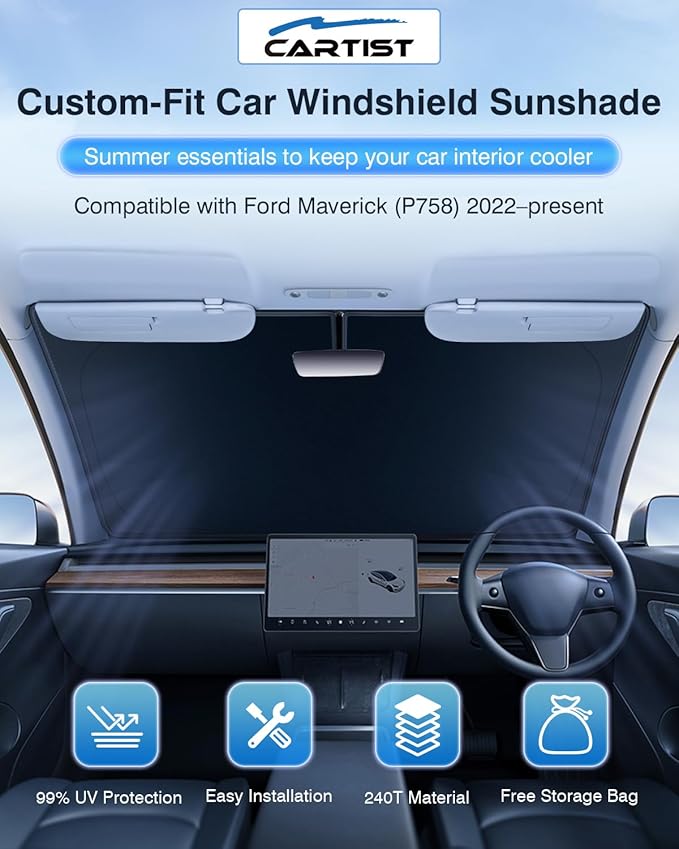 Non-Peeling Sun Shade Fits for Ford Maverick 2022 2023 2024 2025 Ford Maverick Accessories Foldable Car Front Window Sunshade Windshield Sunshade UPF 50+