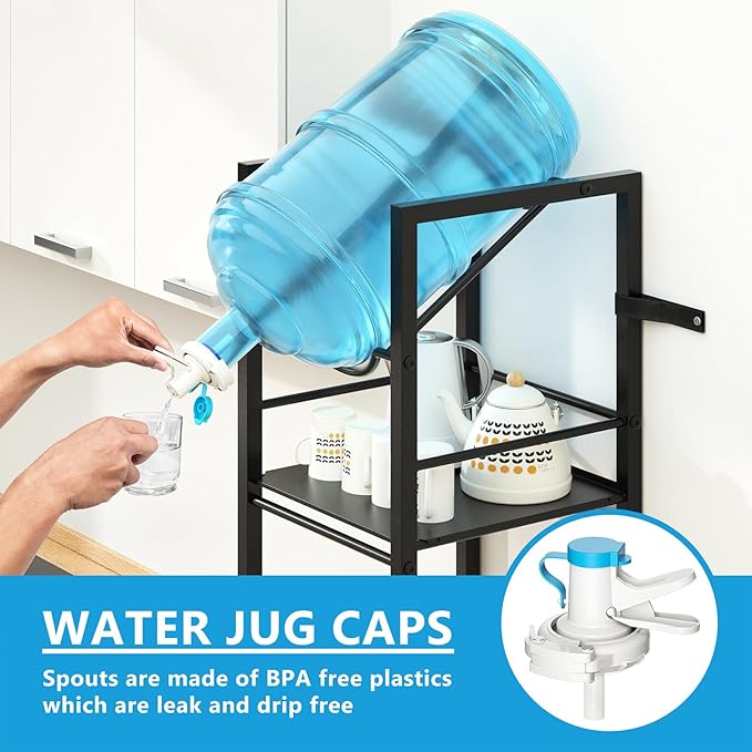 2-In-1 5 Gallon Water Jug Holder, 5 Tier Water Jug Stand Holder with 1 Dispenser Valves, 5 Gal Water Bottle Storage Rack Organizer for Kitchen, Office, Garage