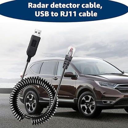 Radar Detector Colied Cable with USB to RJ11 Plug Cable 5V-12V Power Cable Compatible with Escort Uniden Radenso XP Beltronics Cobra Whistler 9.8FT Powered for 12V Radar Detectors