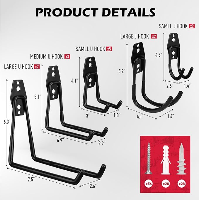 20 Pack Heavy Duty Garage Storage Hooks with Extension Cord Organizer, Solid Steel Wall Mount Hook Set with Anti-Slip Coating Utility J Hooks for Ladders,Bikes,Ropes,Broom,Garden,Yard and Power Tools