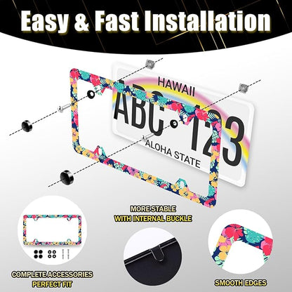 Tropical Hibiscus Flower License Plate Frame Colorful Floral Leaves License Plate Holder Funny License Plate for Car Decoration Stainless Steel Hawaii Auto Parts with Screws 12.3" x 6.3"