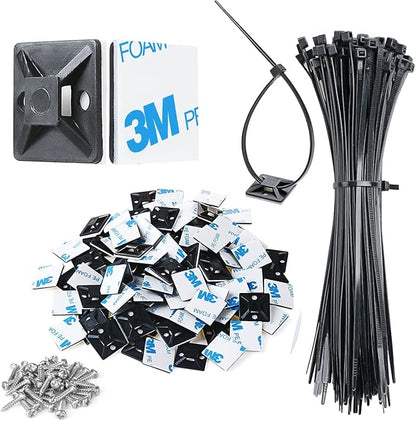 200pcs 3/4" 3M Back-Glue Self Adhesive Black Strong Cable Zip Tie Mounts with 8" Ties, Screws, UV Protection Outdoor Sticky Wire Fasteners Cable Clips Management Anchors Organizer Holders Squares
