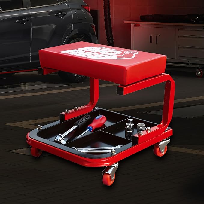 Big RED 250lb Red Rolling Automotive Creeper Garage/Shop Seat: Padded Mechanic Stool with Tool Large Tray Suitable for garages, Repair Shops