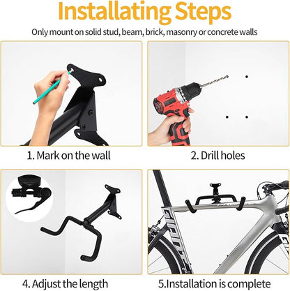 Bike Wall Parking Stand - Adjustable Horizontal Bicycle Storage Rack for Garage and Home - Metal Hook Holder for Road, Mountain, and Hybrid Bikes