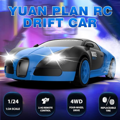 RC Drift Car, 1:24 4WD Drifting RC Cars 2.4GHz High Speed Remote Control Car with LED Light, Two Batteries and Drift Tires Racing Toy Cars for Kids Boys Girls Adults, Blue