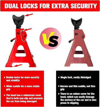Jack Stands 3 Ton (6,600 LBs), 11.22"-16.54" Adjustable with Double Pin Locking for Reinforced Safety. Car Jack Stand with Extra Rubber Pads for Trucks, Home,Garage,Lifting,1 Pair Red