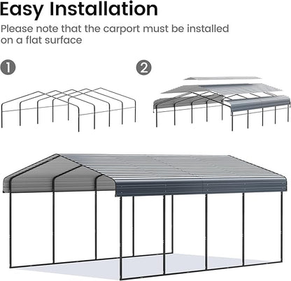 12'x20' Heavy Duty Metal Carport, Outdoor Garage Car Shelter Shade with Heavier Frame, Galvanized Roof for Car and Boats, Grey