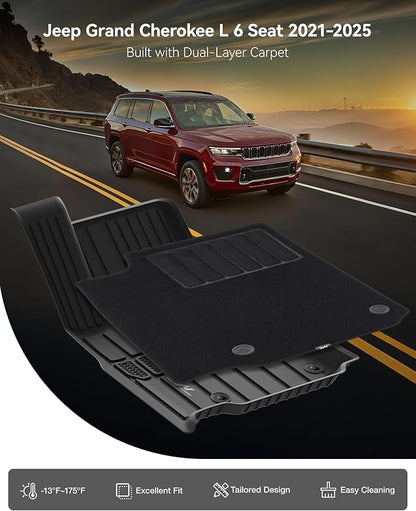 3W Floor Mats & Cargo Liner – Full Set (1st, 2nd & 3rd Row with Carpet) for Jeep Grand Cherokee L 2021-2025(Only for 6 Seat), Custom Fit TPE, All-Weather Waterproof,Black
