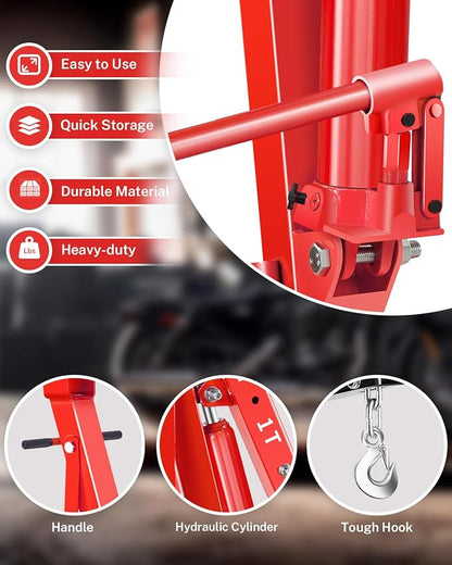 2-Ton Folding Engine Hoist with Lever, Hydraulic Shop Crane with 6 Swivel Wheels & Adjustable Boom (0.5T-2T), Heavy-Duty Cherry Picker for Garage, Workshop, Truck, Farm (Net Wt. 168 lbs)