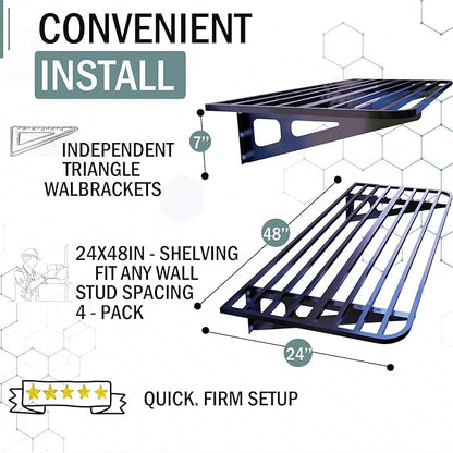 4-Pack 2x4ft Garage Shelving Wall Mounted, 4 ShelfTotal 16 ft(L) Garage Wall Storage, Heavy-Duty Storage Shelves, perfect for holding storage bins, boxes, sporting goods, tools, and more. Space-Saving