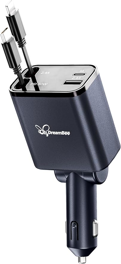 DreamBee Retractable Car Charger,custom-made modelRetractable Cables (31.5 inch) and 2 USB Ports Car Charger, PT-27