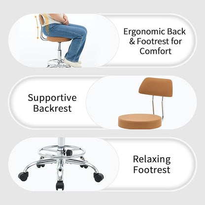 Ergonomic Desk Stool(Sturdy Rolling Stool with Back)(Swivel Armless Office Chair 19.5’’-26.6’’) Adjustable Footrest Salon Chair (Camel Brown)