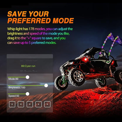 Nilight 2PCS 3FT RGB LED Whip Light with Spring Base Remote App Control w/DIY Chasing Patterns Turn Signal & Brake Lights for ATV UTV Polaris RZR Can-am Dune Buggy Jeep
