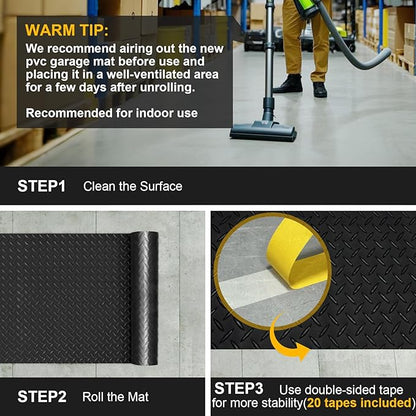 7.5x25 FT Garage Floor Mat, Updated 2.8mm Thicked Flooring Roll with 20Pcs Tapes, 188 sqft Diamond Plate PVC Rubber Trailer Mat, Non-Slip Floor Protector Mat for Garage Warehouse Gyms (Matte Black)